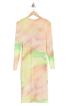 Afrm Loah Long Sleeve Mesh Midi Dress In Lime Ombre