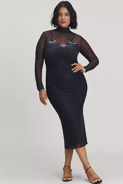 Afrm Long-sleeve Mock-neck Printed Midi Dress In Black