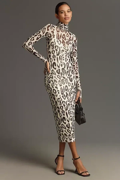 Afrm Long-sleeve Mock-neck Printed Midi Dress In Multicolor