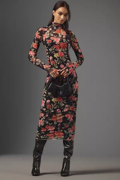 Afrm Long-sleeve Mock-neck Printed Midi Dress In Multicolor