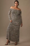 Afrm Long-sleeve Off-the-shoulder Mesh Maxi Dress In Beige