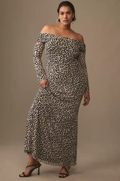 Afrm Long-sleeve Off-the-shoulder Mesh Maxi Dress In Beige