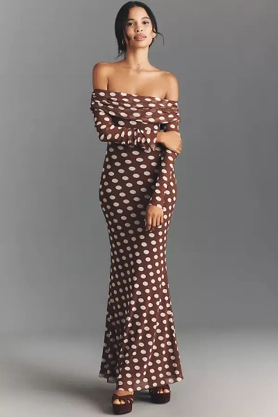 Afrm Long-sleeve Off-the-shoulder Mesh Maxi Dress In Brown