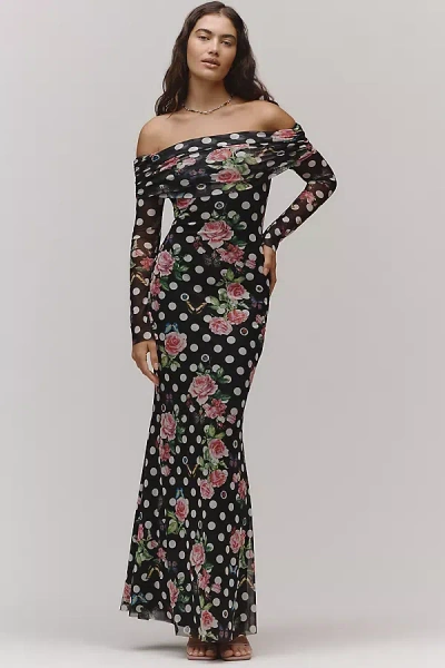 Afrm Long-sleeve Off-the-shoulder Mesh Maxi Dress In Multicolor