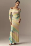 Afrm Long-sleeve Off-the-shoulder Mesh Maxi Dress In Multicolor