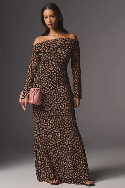 Afrm Long-sleeve Off-the-shoulder Mesh Maxi Dress In Multicolor
