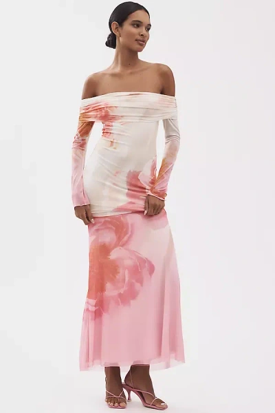 Afrm Long-sleeve Off-the-shoulder Mesh Maxi Dress In Orange
