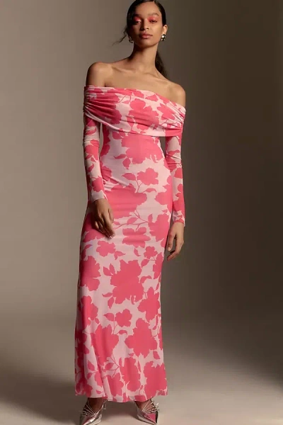 Afrm Long-sleeve Off-the-shoulder Mesh Maxi Dress In Pink