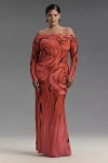 Afrm Long-sleeve Off-the-shoulder Mesh Maxi Dress In Red