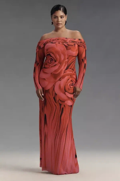 Afrm Long-sleeve Off-the-shoulder Mesh Maxi Dress In Red