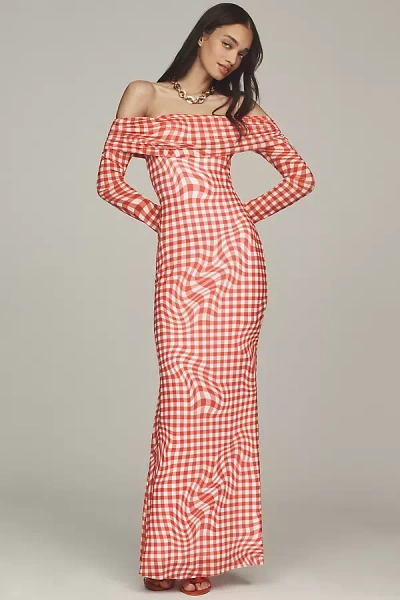Afrm Long-sleeve Off-the-shoulder Mesh Maxi Dress In Red