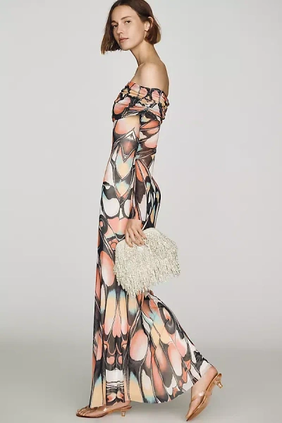 Afrm Long-sleeve Off-the-shoulder Mesh Maxi Dress In Orange