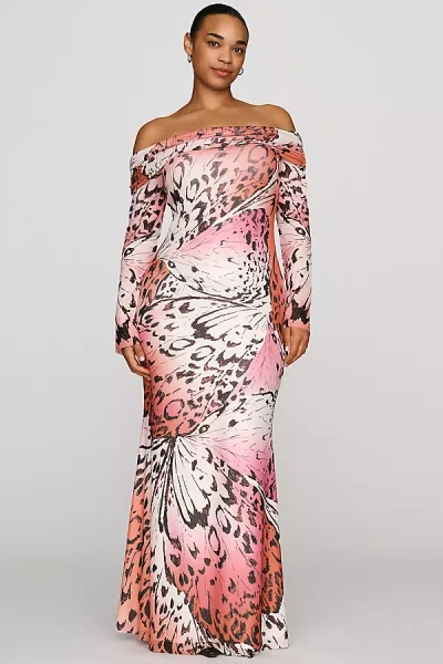 Afrm Long-sleeve Off-the-shoulder Mesh Maxi Dress In Multi