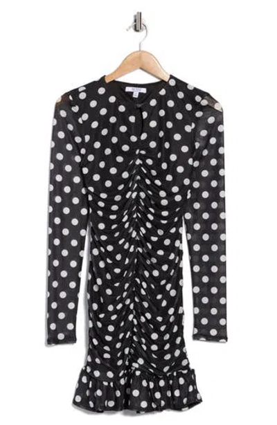 Afrm Los Angeles Antoinette Polka Dot Ruched Minidress In Black