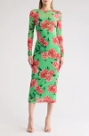 Afrm Los Angeles Brandi Floral Long Sleeve Dress In Red Rose