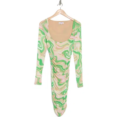 Afrm Los Angeles Gesine Long Sleeve Ruched Minidress In Green Swirl