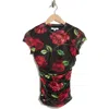 Afrm Los Angeles Lacey Cap Sleeve Ruched Mesh Top In Black