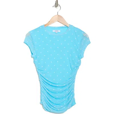 Afrm Los Angeles Lacey Cap Sleeve Ruched Mesh Top In Bluebell Dot
