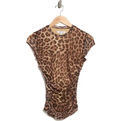 Afrm Los Angeles Lacey Cap Sleeve Ruched Mesh Top In Brown