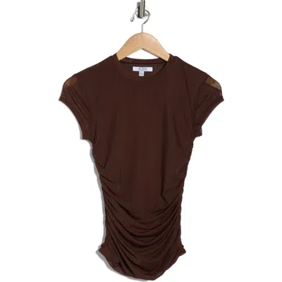 Afrm Los Angeles Lacey Cap Sleeve Ruched Mesh Top In Brown