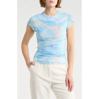 Afrm Los Angeles Lacey Cap Sleeve Ruched Mesh Top In Multi
