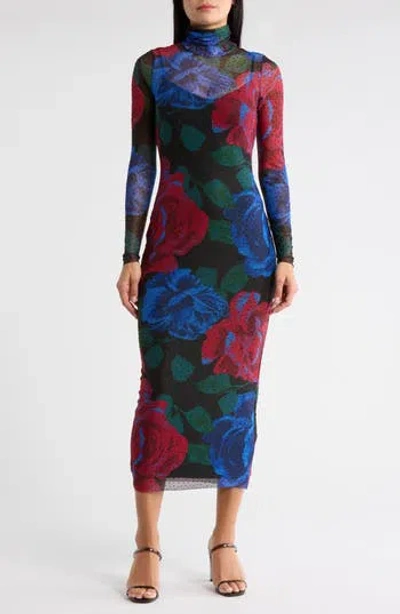 Afrm Los Angeles Marni Rhinestone Long Sleeve Mesh Midi Dress