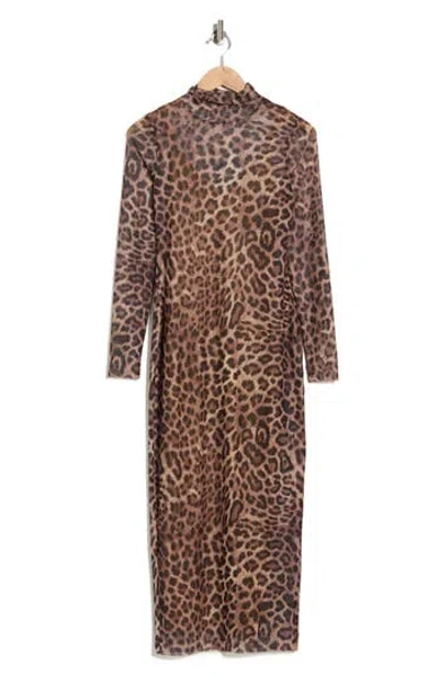 Afrm Los Angeles Marni Turtleneck Long Sleeve Mesh Dress In Animal Print
