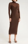 Afrm Los Angeles Marni Turtleneck Long Sleeve Mesh Dress In Brown