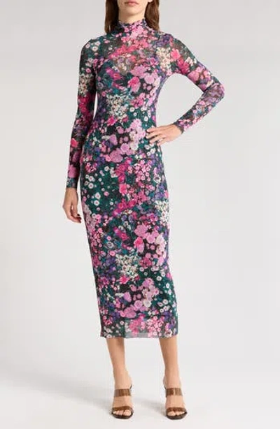 Afrm Los Angeles Marni Turtleneck Long Sleeve Mesh Dress In Digital Plum Floral