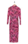 Afrm Los Angeles Marni Turtleneck Long Sleeve Mesh Dress In Fuchsia Wing