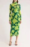 Afrm Los Angeles Marni Turtleneck Long Sleeve Mesh Dress In Lime Shadow Floral