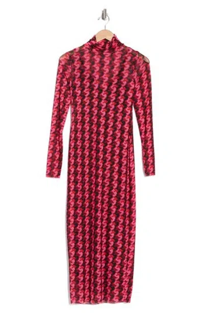 Afrm Los Angeles Marni Turtleneck Long Sleeve Mesh Dress In Pink Herringbone
