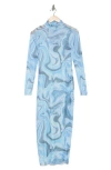 Afrm Los Angeles Marni Turtleneck Long Sleeve Mesh Dress In Powder Blue Swirl