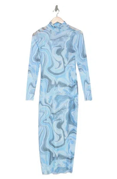 Afrm Los Angeles Marni Turtleneck Long Sleeve Mesh Dress In Powder Blue Swirl