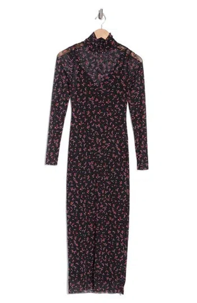 Afrm Los Angeles Marni Turtleneck Long Sleeve Mesh Dress In Ruby Ditsy