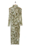 Afrm Los Angeles Marni Turtleneck Long Sleeve Mesh Dress In Sage Swirl