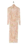 Afrm Los Angeles Marni Turtleneck Long Sleeve Mesh Dress In Sand Swirl