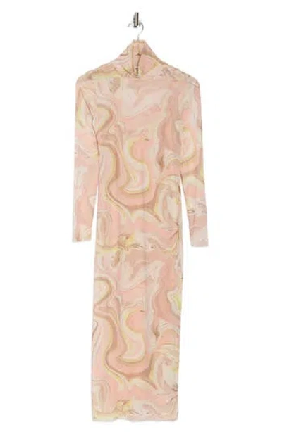 Afrm Los Angeles Marni Turtleneck Long Sleeve Mesh Dress In Sand Swirl