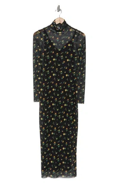 Afrm Los Angeles Marni Turtleneck Long Sleeve Mesh Dress In Scatter Floral