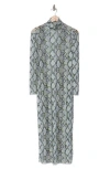 Afrm Los Angeles Marni Turtleneck Long Sleeve Mesh Dress In Stone Snake