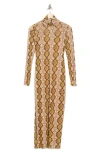 Afrm Los Angeles Marni Turtleneck Long Sleeve Mesh Dress In Tan Snake
