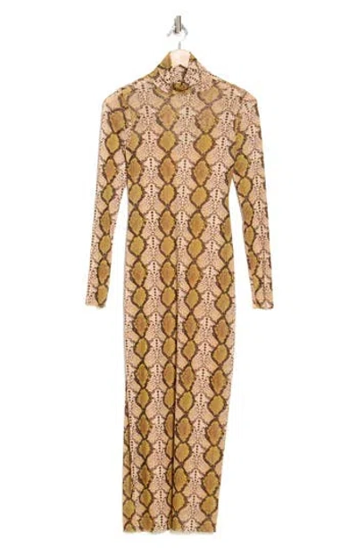 Afrm Los Angeles Marni Turtleneck Long Sleeve Mesh Dress In Tan Snake