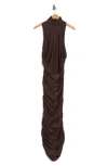 Afrm Los Angeles Sonia Shiny Knit Ruched Maxi Dress In Brown