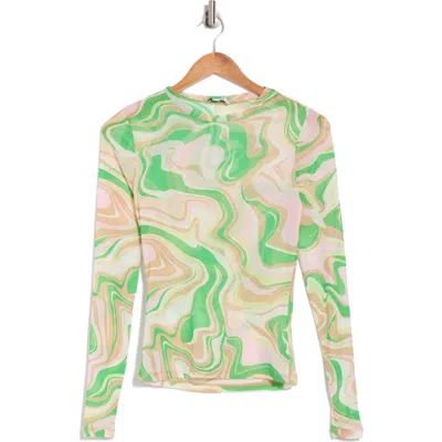 Afrm Los Angeles Sunny Long Sleeve Mesh Top In Green Swirl