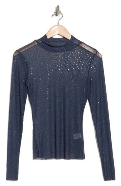 Afrm Los Angeles Zoe Rhinestone Long Sleeve Turtleneck Top In Navy