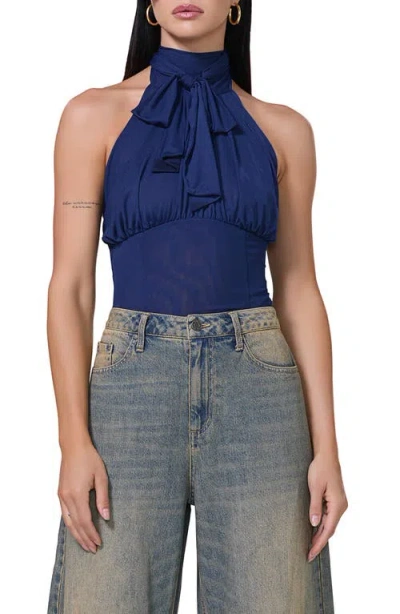 Afrm Lune Tie Neck Halter Top In Bright Navy