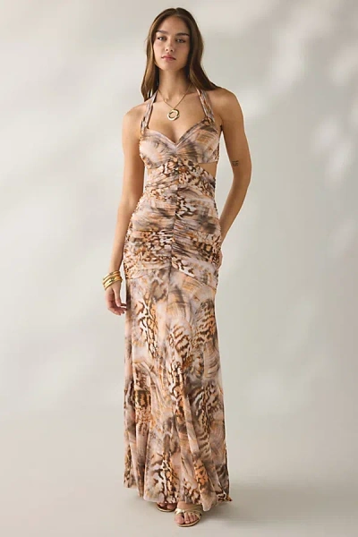 Afrm Lynn Ember Swirl Shell Ruched Side Cutout Halter Maxi Dress In Ember Swirl Shell, Women's At Urban O In Multi