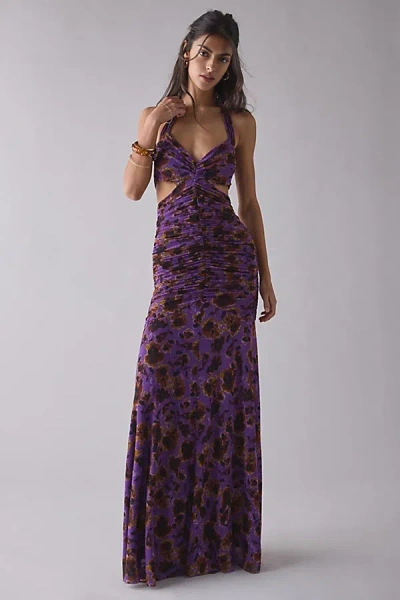 Afrm Lynn Ruched Side Cutout Halter Maxi Dress In Purple, Women's At Urban Outfitters In Multi