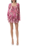 Afrm Madison Abstract Print Long Sleeve Tiered Mesh Minidress In Pink