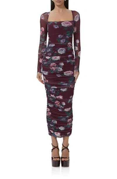 Afrm Maggie Floral Shirred Long Sleeve Midi Dress In Burgundy